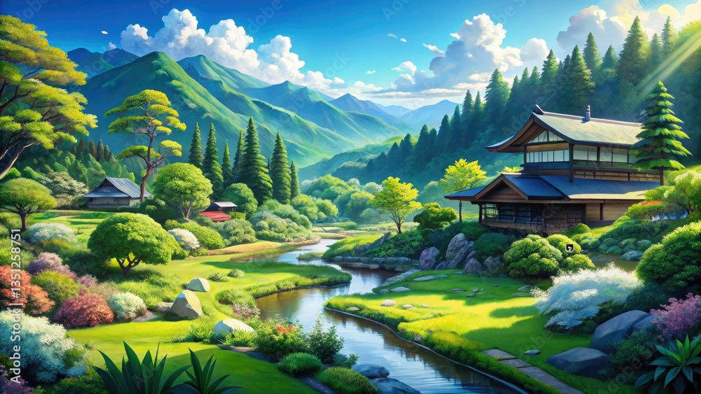Fototapeta premium Anime Valley Garden Landscape: Breathtaking Scenery, Lush Greenery, Candid Photography Style