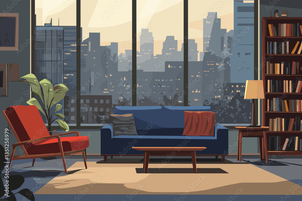 Naklejka premium A flat vector illustration of an interior design scene featuring a cozy living room with modern furniture, large windows, and an urban cityscape outside.