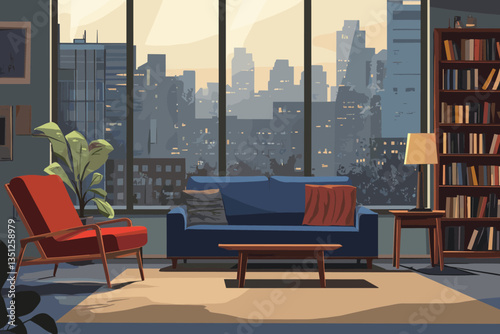 A flat vector illustration of an interior design scene featuring a cozy living room with modern furniture, large windows, and an urban cityscape outside.