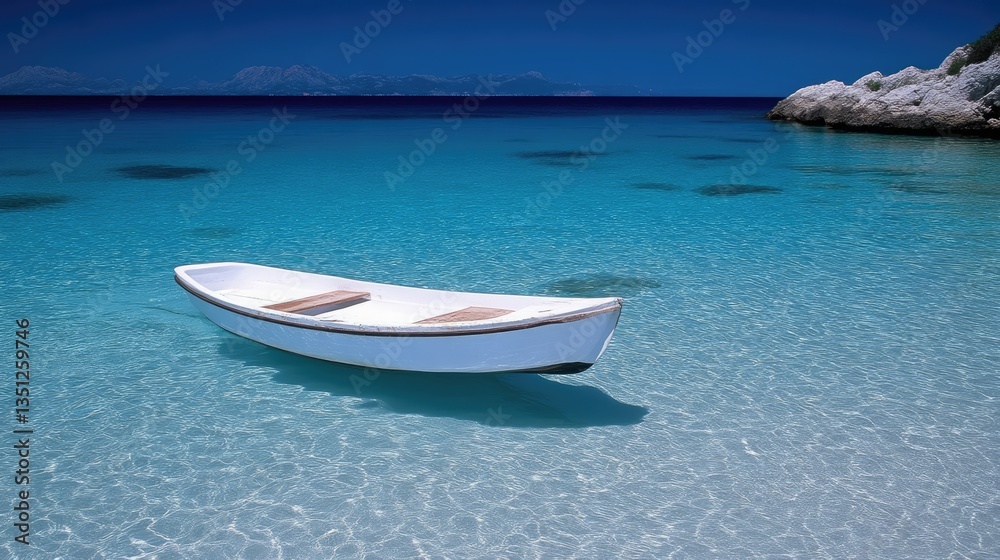 Naklejka premium Tranquil white boat floats peacefully in crystal-clear turquoise water, bathed in sunlight, serene coastal scene