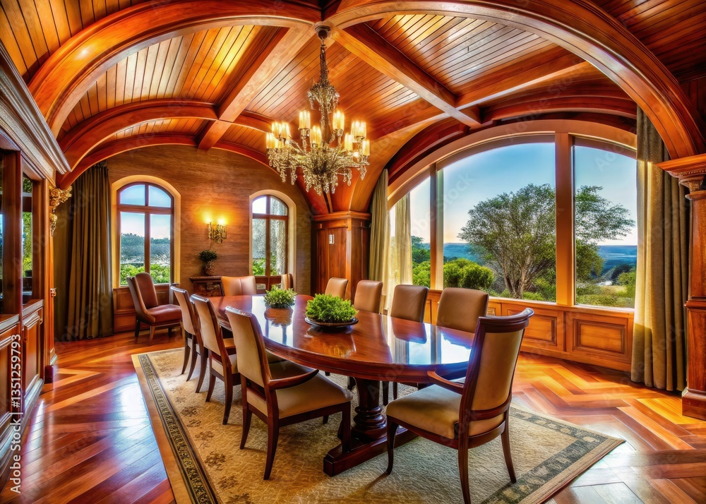 Fototapeta premium Arched Wooden Ceiling Dining Room: Floating Furniture Illusion, Curved Lines, Wood Paneling, Interior Design