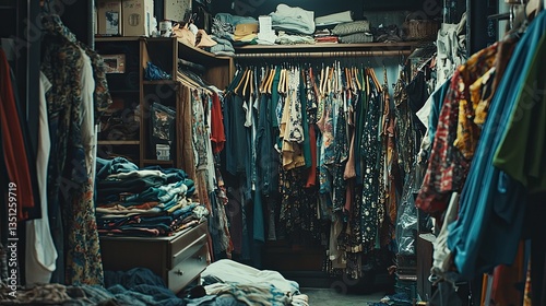 Overstuffed walk in closet displays chaotic organization of clothes