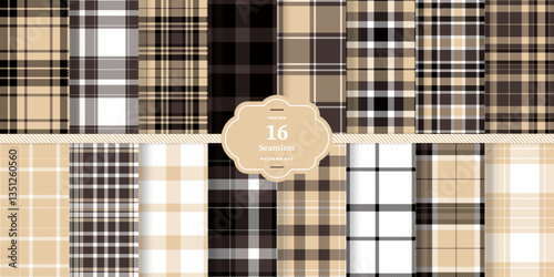 Plaid pattern seamless. Charcoal Gray & Cream Bisque Tartan Fabric Design. Set of 16