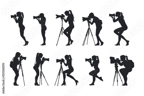 set of female Photographers with camera various poses black silhouette collection.