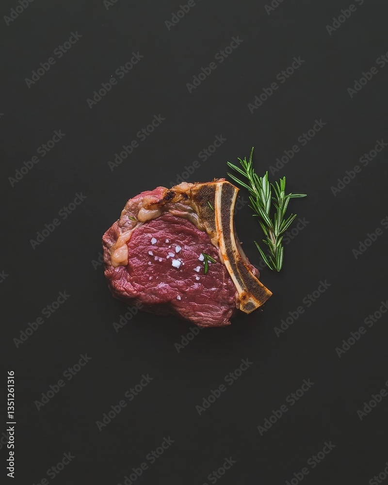 Obraz premium A succulent piece of grilled steak garnished with a fresh sprig of rosemary, resting on a rustic wooden cutting board, showcasing its juicy texture and rich color.