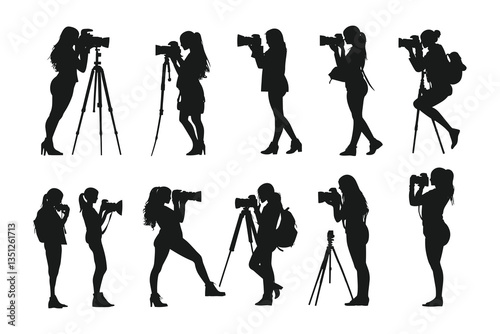 set of female Photographers with camera various poses black silhouette collection.