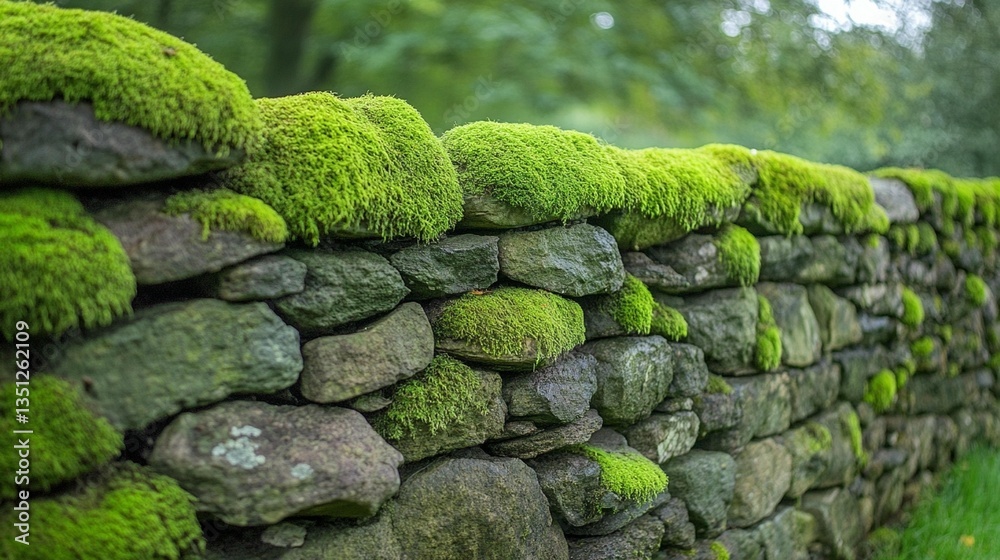 Lush green moss covering a rustic stone wall in a natural setting.
