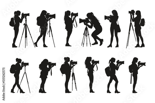 set of female Photographers with camera various poses black silhouette collection.