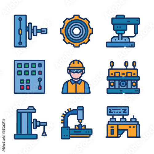 2d vector illustration colorful machine , worker and Industry and its development technology, factories and production lines icon
