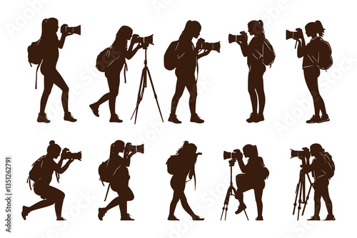 set of female Photographers with camera various poses black silhouette collection.