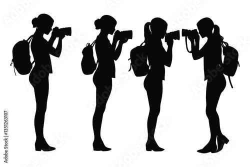 set of female Photographers silhouette collection on white background. camera women silhouette set vector illustration. 