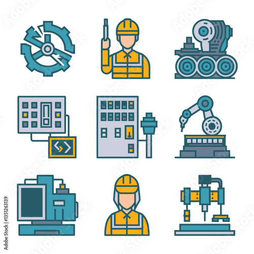 2d vector illustration colorful machine , worker and Industry and its development technology, factories and production lines icon
