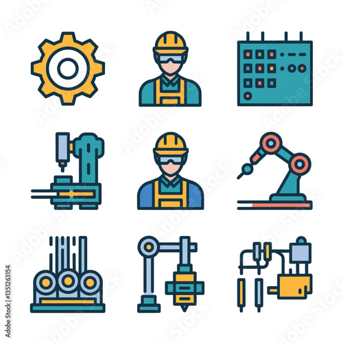 2d vector illustration colorful machine , worker and Industry and its development technology, factories and production lines icon
