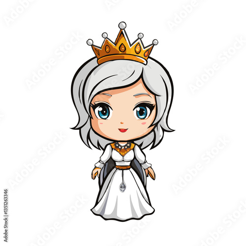 a cartoon character of a queen wearing a crown and a royal outfit with white hair and a warm smile. This illustration embodies regality, elegance, and charm