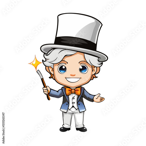 a cartoon illustration of a magician, holding a magic wand, wearing a top hat and performing magic
