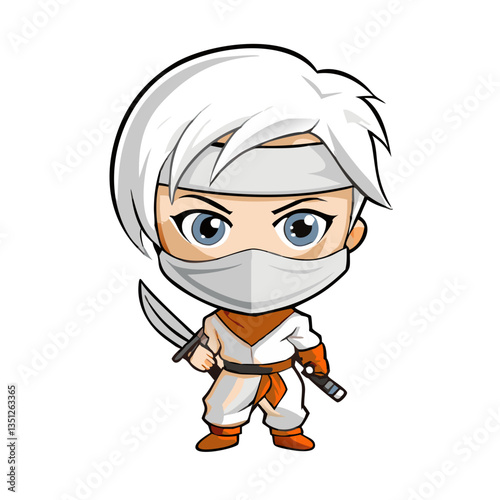 a cute ninja character with a sword and a confident look. The ninja is ready for action