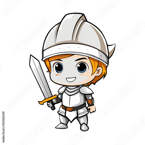 a cartoon knight standing proudly holding a sword and wearing a helmet and armor. This illustration shows a brave, cute warrior character ready for adventure.