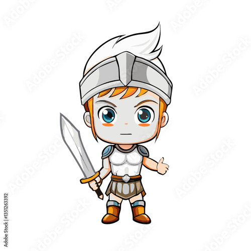 a cartoon warrior with a sword and helmet. The character is a chibi style design with exaggerated features, possibly a game or story character