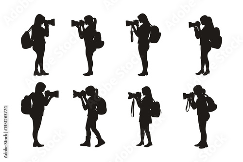 set of female Photographers silhouette collection on white background. camera women silhouette set vector illustration. 