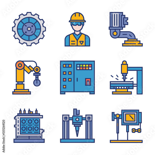2d vector illustration colorful machine , worker and Industry and its development technology, factories and production lines icon
