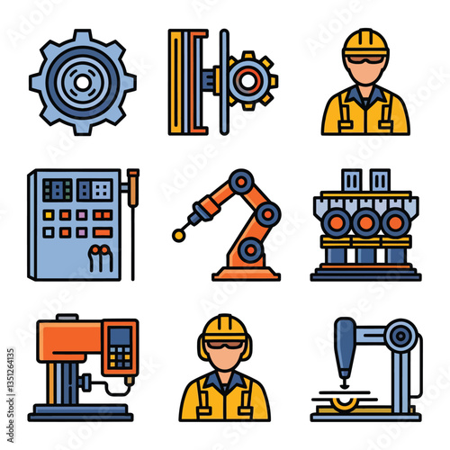 2d vector illustration colorful machine , worker and Industry and its development technology, factories and production lines icon
