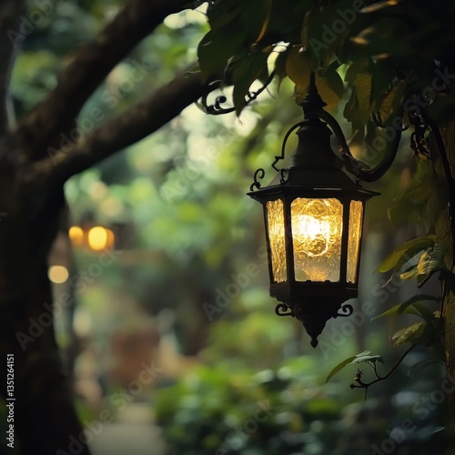 Vintage lantern in a garden at dusk photo