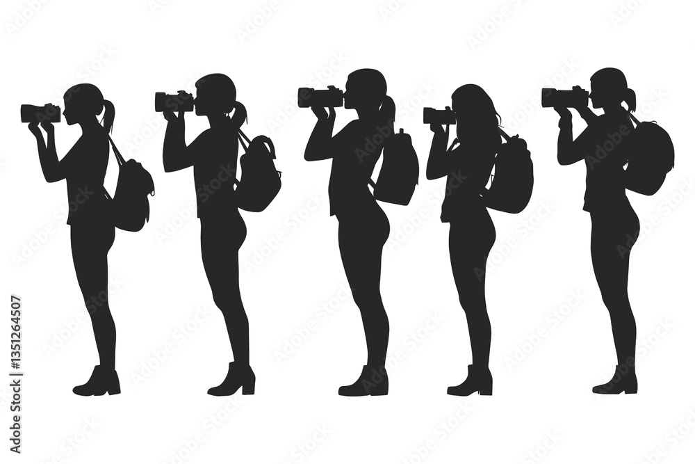 Fototapeta premium set of female Photographers silhouette collection on white background. camera women silhouette set vector illustration. 