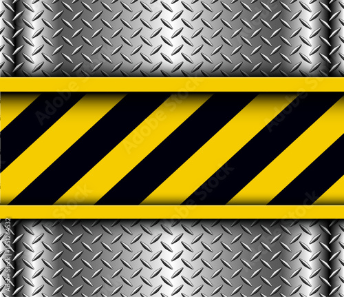 Background with warning stripes and silver sheet metal with diamond plate pattern, under construction site concept.