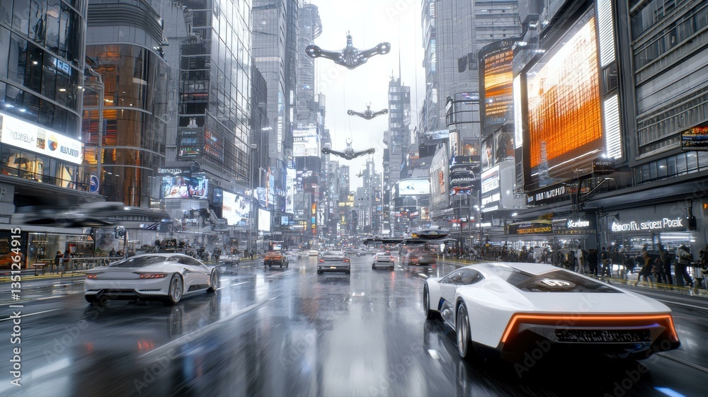 Naklejka premium Futuristic cityscape with flying cars and advanced skyscrapers, showcasing a high-tech urban environment.