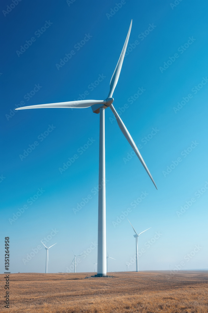 Fototapeta premium field of towering wind turbines stretches across dry plains beneath a clear blue sky, symbolizing clean energy, sustainability, and environmental progress