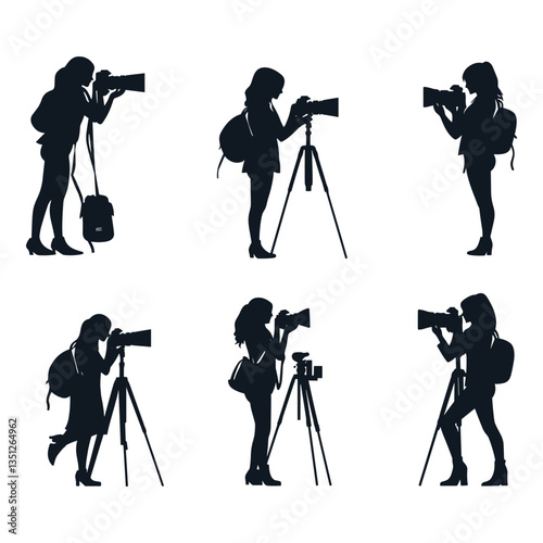 set of female Photographers silhouette collection on white background. camera women silhouette set vector illustration.