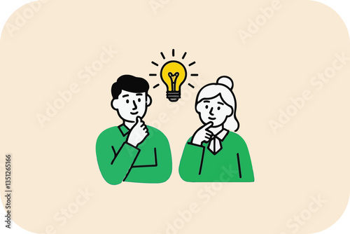 Creative Collaboration Illustration: Two Individuals Brainstorming Ideas with a Light Bulb as Inspiration