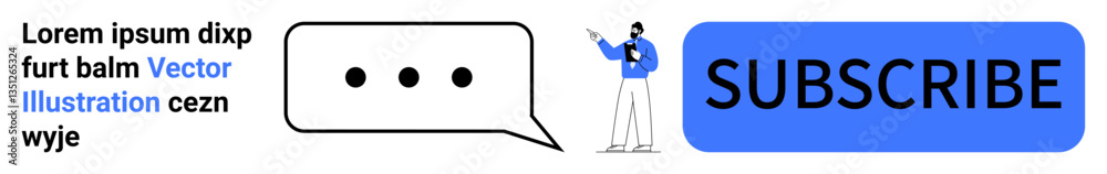 Man gesturing at subscribe button next to speech bubble and text placeholder. Ideal for SEO, newsletters, subscriber acquisition, UIUX design, blogs, social media marketing, simple landing page Man gesturing at subscribe button next to speech bubble and text placeholder. Ideal for SEO, newsletters, subscriber acquisition, UIUX design, blogs, social media marketing, simple landing page