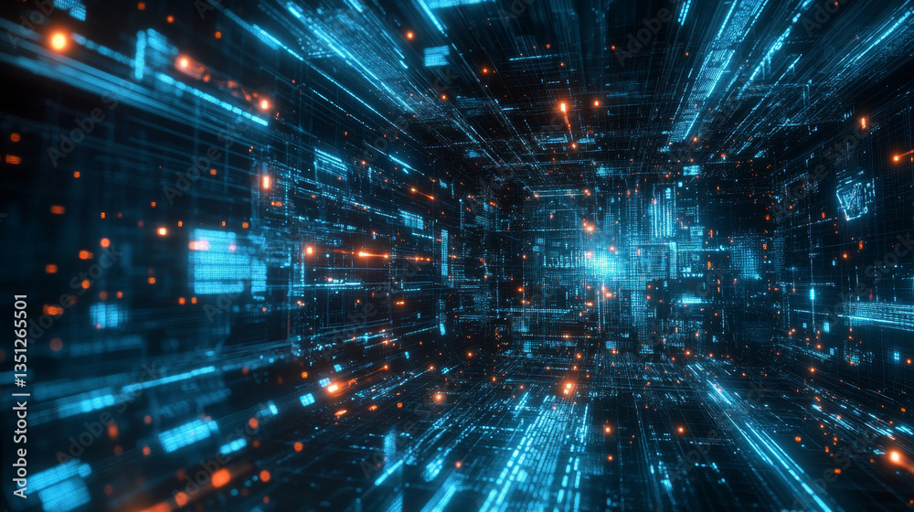 Fototapeta premium Futuristic Digital Data Stream Abstract Technology Background Cyberspace Tunnel Binary Code Glowing