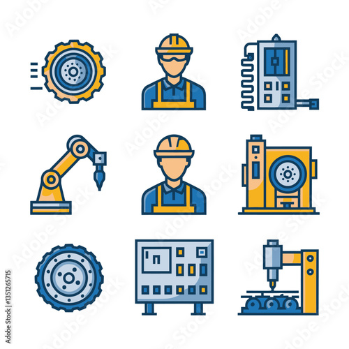 2d vector illustration colorful machine , worker and Industry and its development technology, factories and production lines icon
