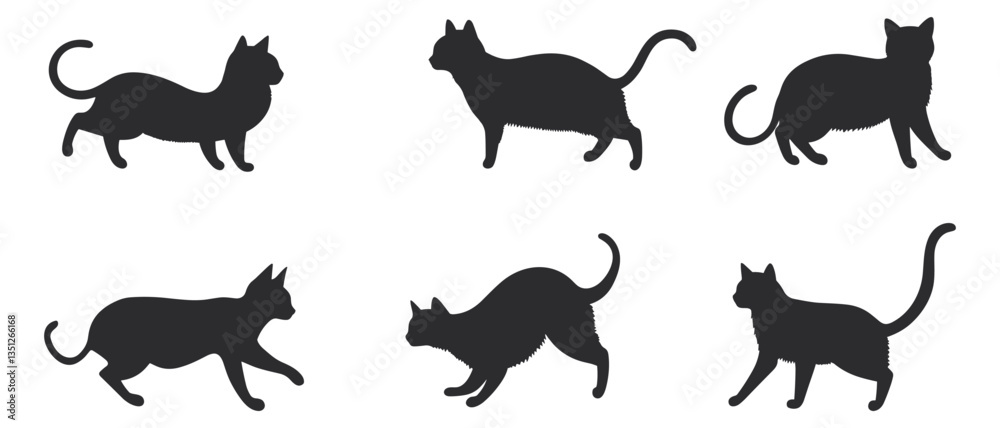Obraz premium cute black cats silhouette on a white background. set of cat silhouette collection, Cats Silhouettes set. Cute cat silhouette set different various poses. 