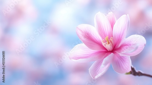 Pink magnolia flower blooming on a branch in spring against a soft blue bokeh background.
