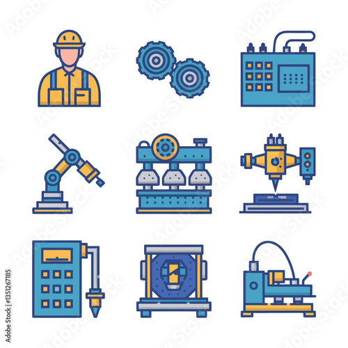 2d vector illustration colorful machine , worker and Industry and its development technology, factories and production lines icon
