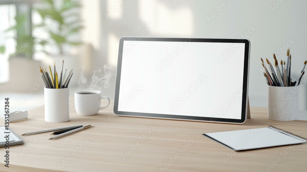 Modern workspace with tablet, stationery, and plants on wooden desk in bright minimalist office setting. Modern workspace with tablet, stationery, and plants on wooden desk in bright minimalist office setting.