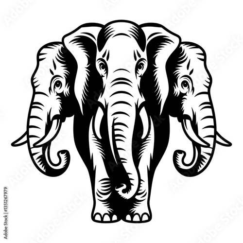 Three Elephant Heads Tribal Vector Illustration – Black and White Ornamental Elephant Design