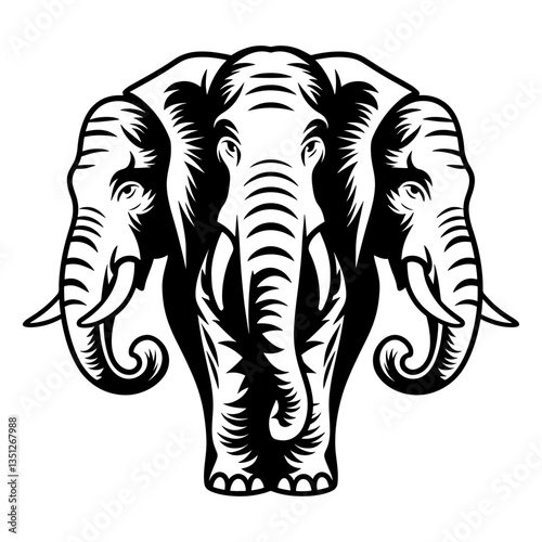 Three Elephant Heads Tribal Vector Illustration – Black and White Ornamental Elephant Design