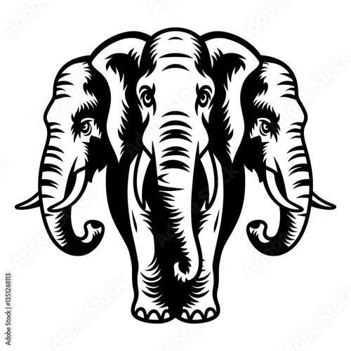 Three Elephant Heads Tribal Vector Illustration – Black and White Ornamental Elephant Design