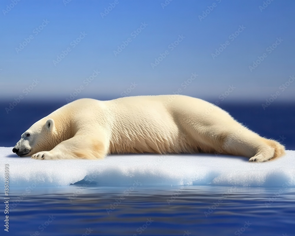 Fototapeta premium A polar bear stranded on a melting ice floe, highlighting the urgent impact of climate change on wildlife.