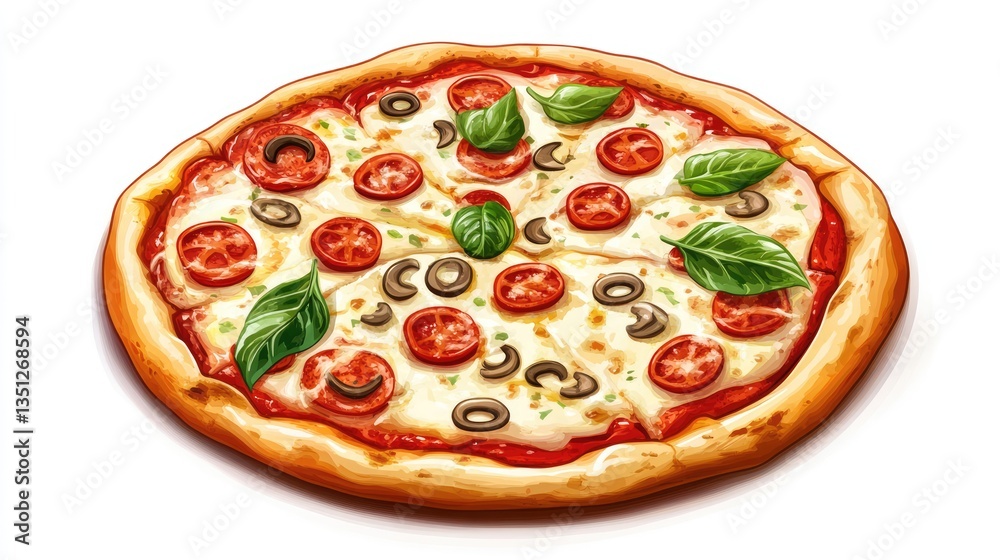 A delicious pizza topped with fresh tomatoes, olives, and basil leaves, set against a bright, inviting background A delicious pizza topped with fresh tomatoes, olives, and basil leaves, set against a bright, inviting background