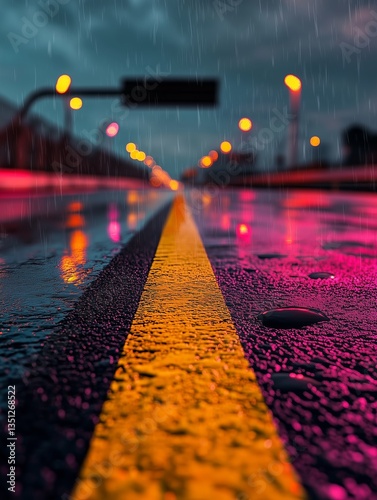 Neon Highway Under Rain: A striking visual of a highway under a rainy sky, the wet asphalt reflecting neon lights, with a vibrant yellow line down the middle.