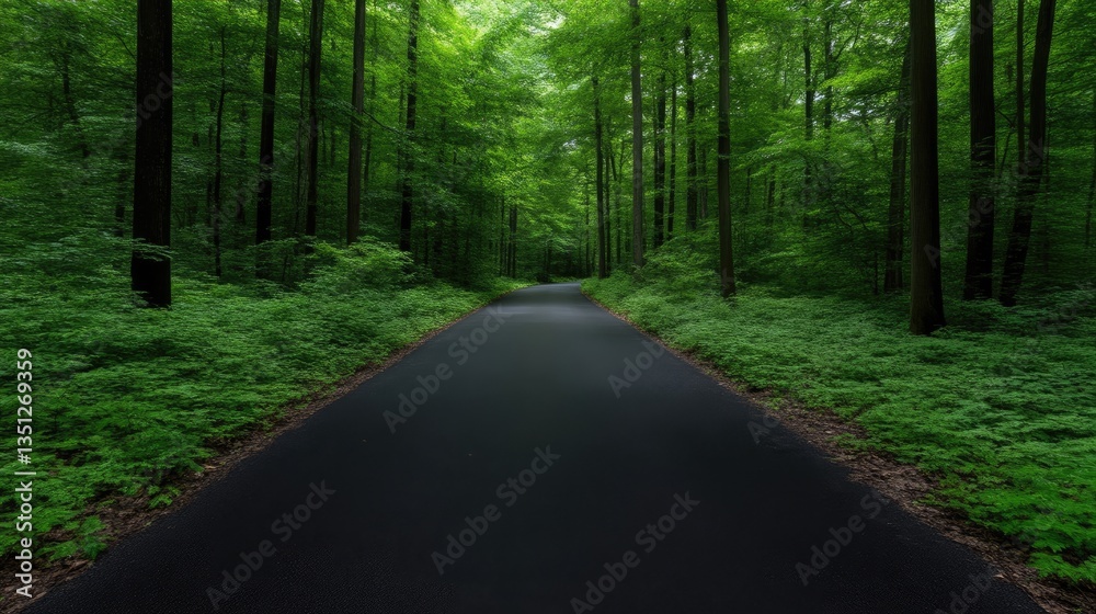 Fototapeta premium Forest road stretches into distance. Lush green trees line the way