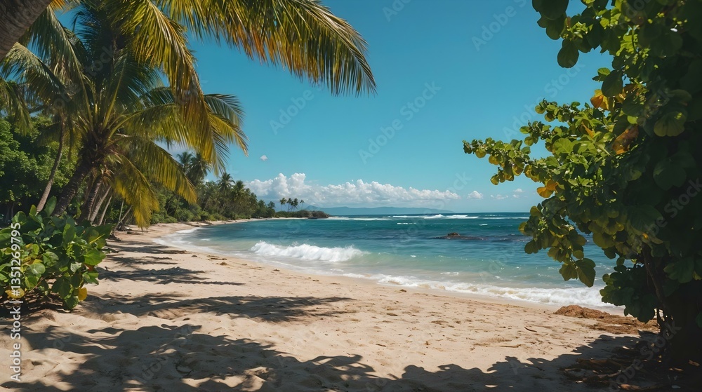 Tropical Beach with Palm Trees and Waves