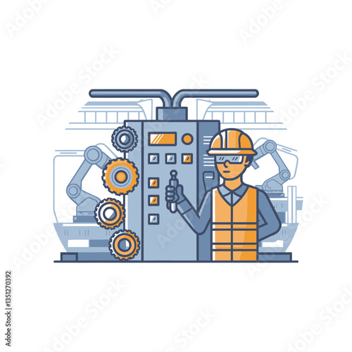 2d vector illustration colorful machine , worker and Industry and its development technology, factories and production lines icon
