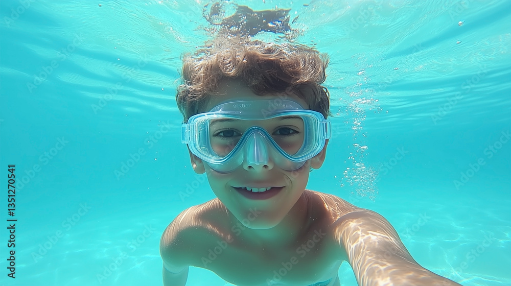 Naklejka premium A boy is swimming in a pool wearing goggles