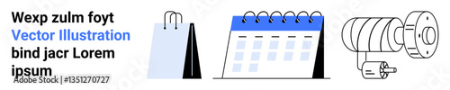 Shopping bag, flipped desk calendar, and schematic of industrial motor symbolize productivity, scheduling, commerce, and machinery. Ideal for retail, time management, engineering industrial design